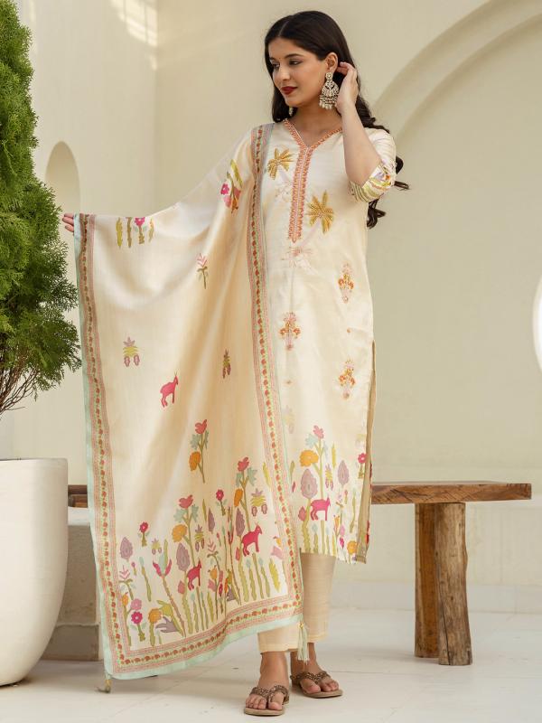 VP 9739 C Cream Floral Print Silk Women Kurta Sets With Printed Dupatta Suits